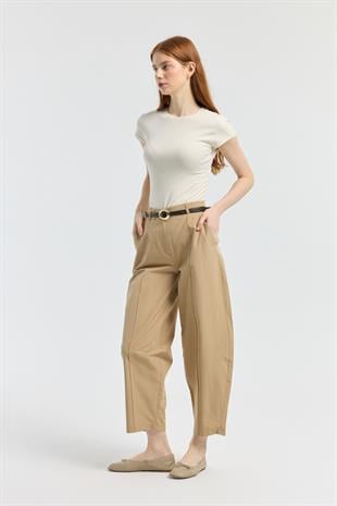 Kemerli Buggy Poplin Pantolon - Camel