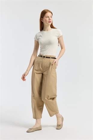 Kemerli Buggy Poplin Pantolon - Camel
