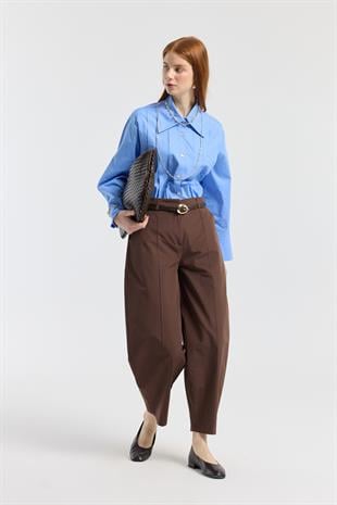 Kemerli Buggy Poplin Pantolon - Kahverengi