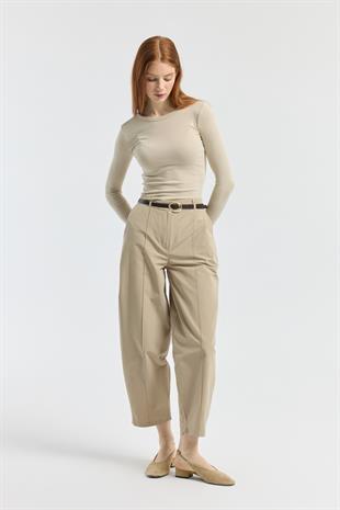 Kemerli Buggy Poplin Pantolon - Taş