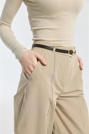 Kemerli Buggy Poplin Pantolon - Taş
