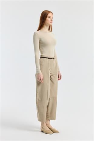 Kemerli Buggy Poplin Pantolon - Taş
