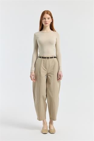 Kemerli Buggy Poplin Pantolon - Taş