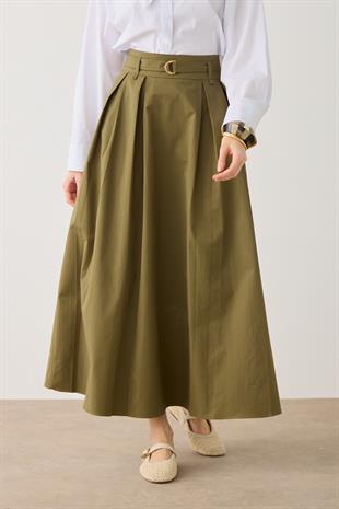Kemerli Poplin Pileli Maxi Boy Etek - Yeşil