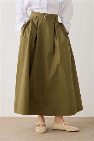 Kemerli Poplin Pileli Maxi Boy Etek - Yeşil