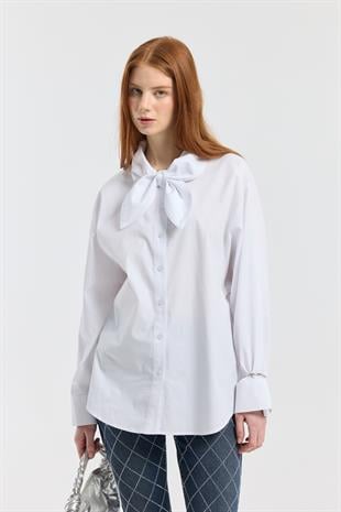 Kravatlı Poplin Gömlek - Beyaz