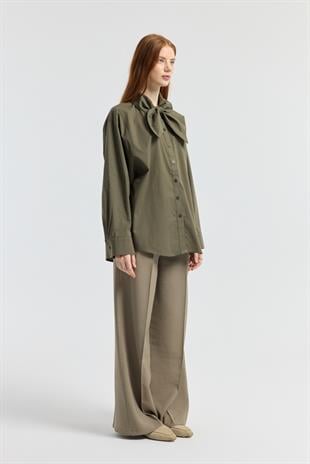 Kravatlı Poplin Gömlek - Haki 