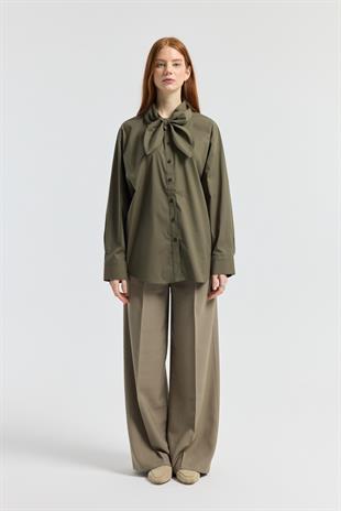 Kravatlı Poplin Gömlek - Haki 