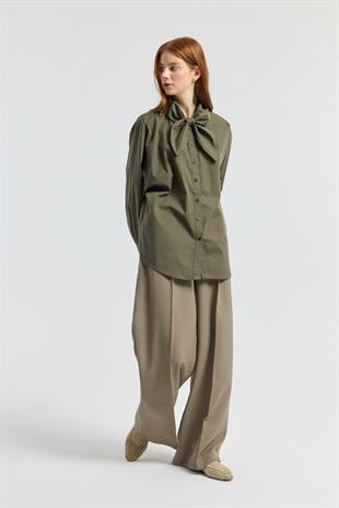 Kravatlı Poplin Gömlek - Haki 