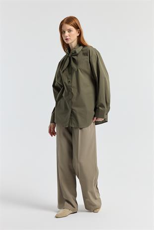 Kravatlı Poplin Gömlek - Haki 