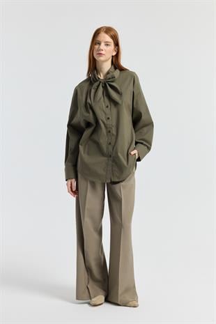 Kravatlı Poplin Gömlek - Haki 