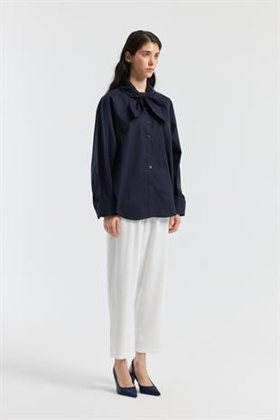 Kravatlı Poplin Gömlek - Lacivert