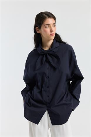 Kravatlı Poplin Gömlek - Lacivert