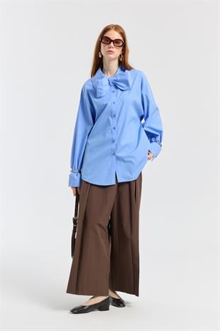 Kravatlı Poplin Gömlek - Mavi