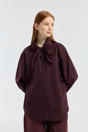 Kravatlı Poplin Gömlek - Mürdüm