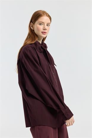 Kravatlı Poplin Gömlek - Mürdüm