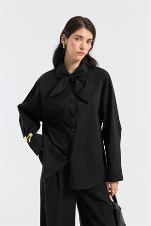 Kravatlı Poplin Gömlek - Siyah