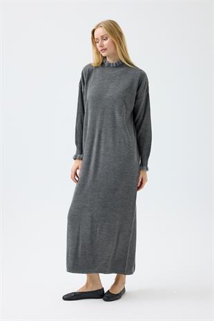 Laura Fitilli Tüylü Elbise - Antrasit 