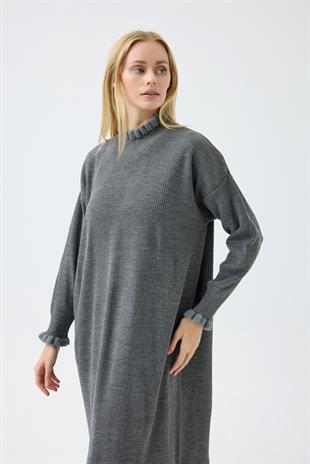 Laura Fitilli Tüylü Elbise - Antrasit 