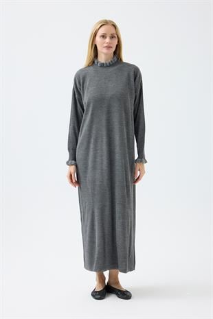 Laura Fitilli Tüylü Elbise - Antrasit 