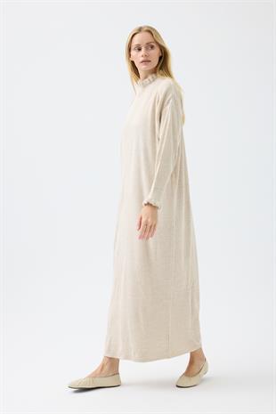 Laura Fitilli Tüylü Elbise - Bej 