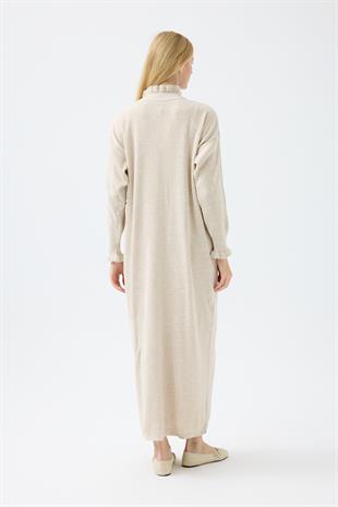 Laura Fitilli Tüylü Elbise - Bej 