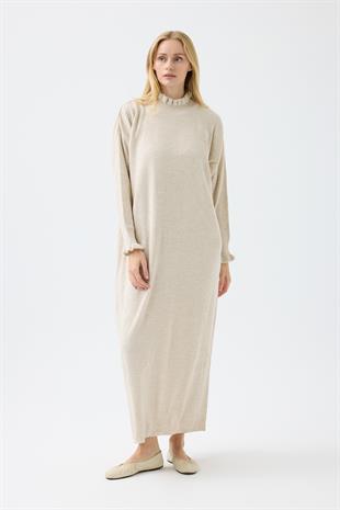 Laura Fitilli Tüylü Elbise - Bej 