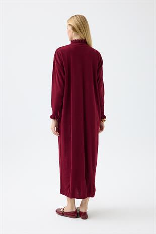 Laura Fitilli Tüylü Elbise - Bordo 