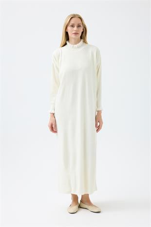 Laura Fitilli Tüylü Elbise - Ekru 