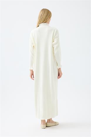 Laura Fitilli Tüylü Elbise - Ekru 