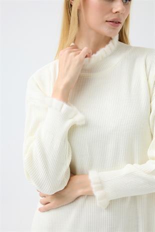 Laura Fitilli Tüylü Elbise - Ekru 