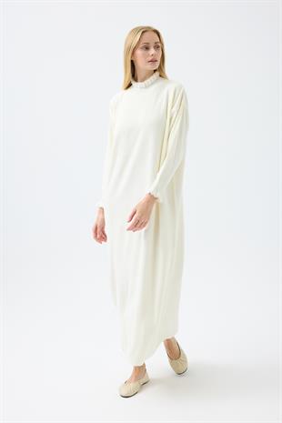 Laura Fitilli Tüylü Elbise - Ekru 