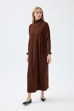 Laura Fitilli Tüylü Elbise - Kahverengi 