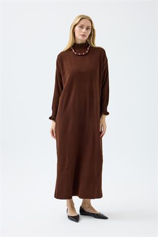 Laura Fitilli Tüylü Elbise - Kahverengi 