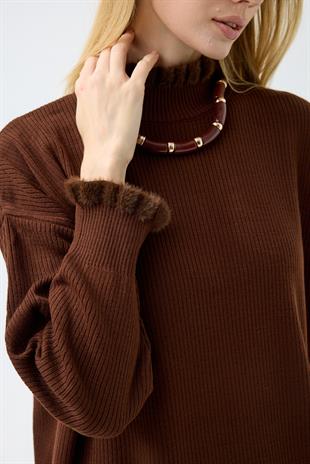 Laura Fitilli Tüylü Elbise - Kahverengi 