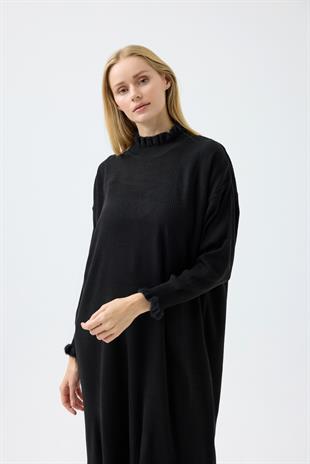 Laura Fitilli Tüylü Elbise - Siyah