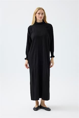 Laura Fitilli Tüylü Elbise - Siyah