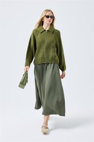 Lauren Fermuarlı Bomber Triko Hırka - Haki 