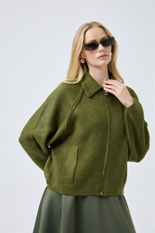 Lauren Fermuarlı Bomber Triko Hırka - Haki 