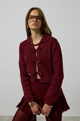 Lavinia Selanik Örme Fiyonklu Hırka - Bordo 