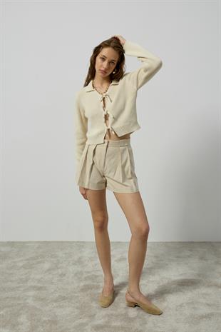 Lavinia Selanik Örme Fiyonklu Hırka - Krem