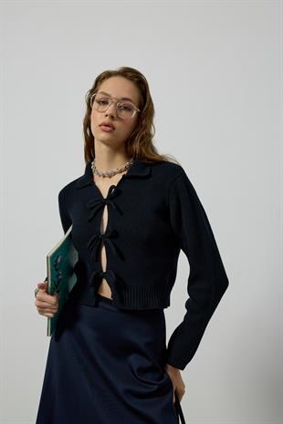 Lavinia Selanik Örme Fiyonklu Hırka - Lacivert