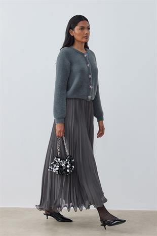 Layla Aksesuar Düğmeli Peluş Hırka - Antrasit