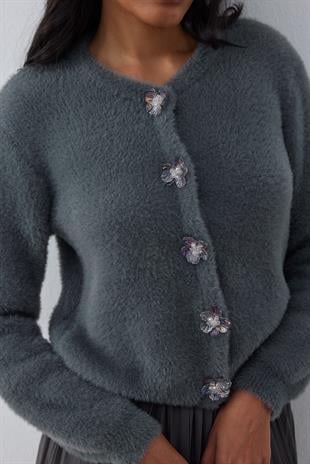 Layla Aksesuar Düğmeli Peluş Hırka - Antrasit