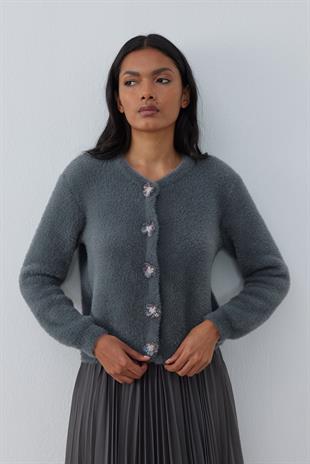 Layla Aksesuar Düğmeli Peluş Hırka - Antrasit