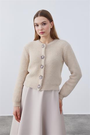 Layla Aksesuar Düğmeli Peluş Hırka - Bej