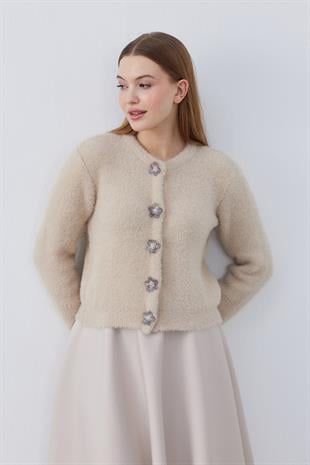 Layla Aksesuar Düğmeli Peluş Hırka - Bej