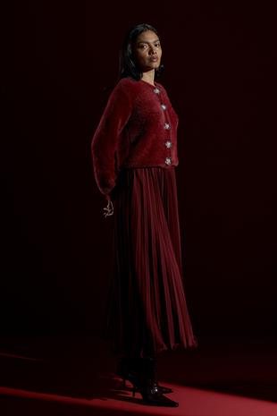 Layla Aksesuar Düğmeli Peluş Hırka - Bordo