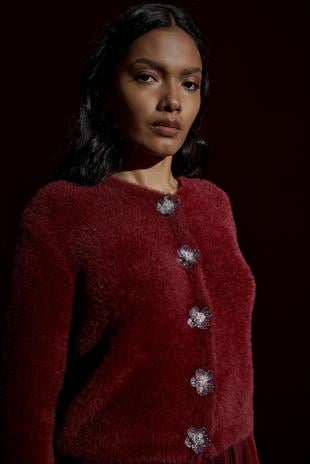 Layla Aksesuar Düğmeli Peluş Hırka - Bordo