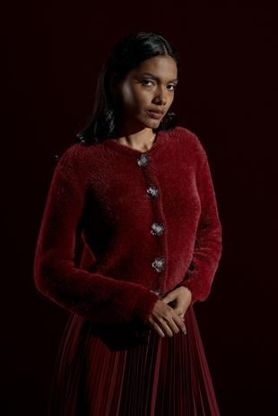 Layla Aksesuar Düğmeli Peluş Hırka - Bordo